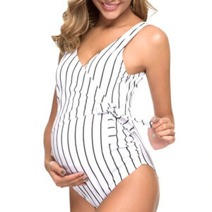 Temptrek Maternity Swimwear One Piece Swimsuit Side Tie Black White Grey Size S